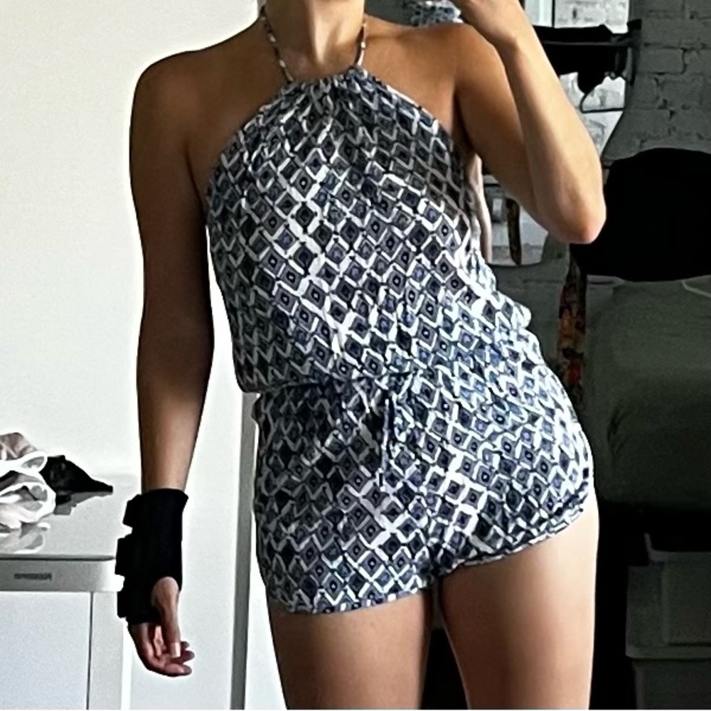 Lulus Blue and White Patterned Halter Romper